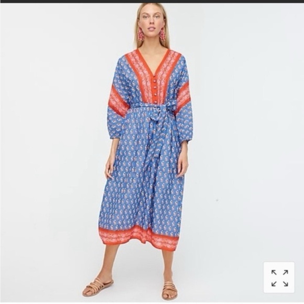 J. Crew Blue Floral Block-print Midi Dress with Red Trim